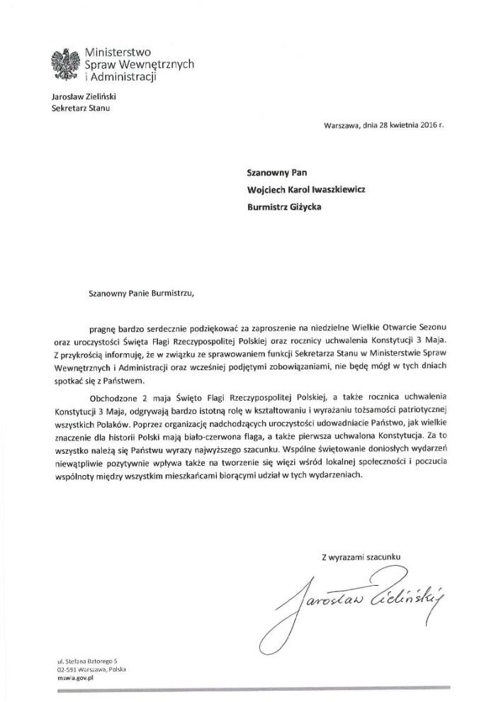 List ministra Jarosława Zielińskiego